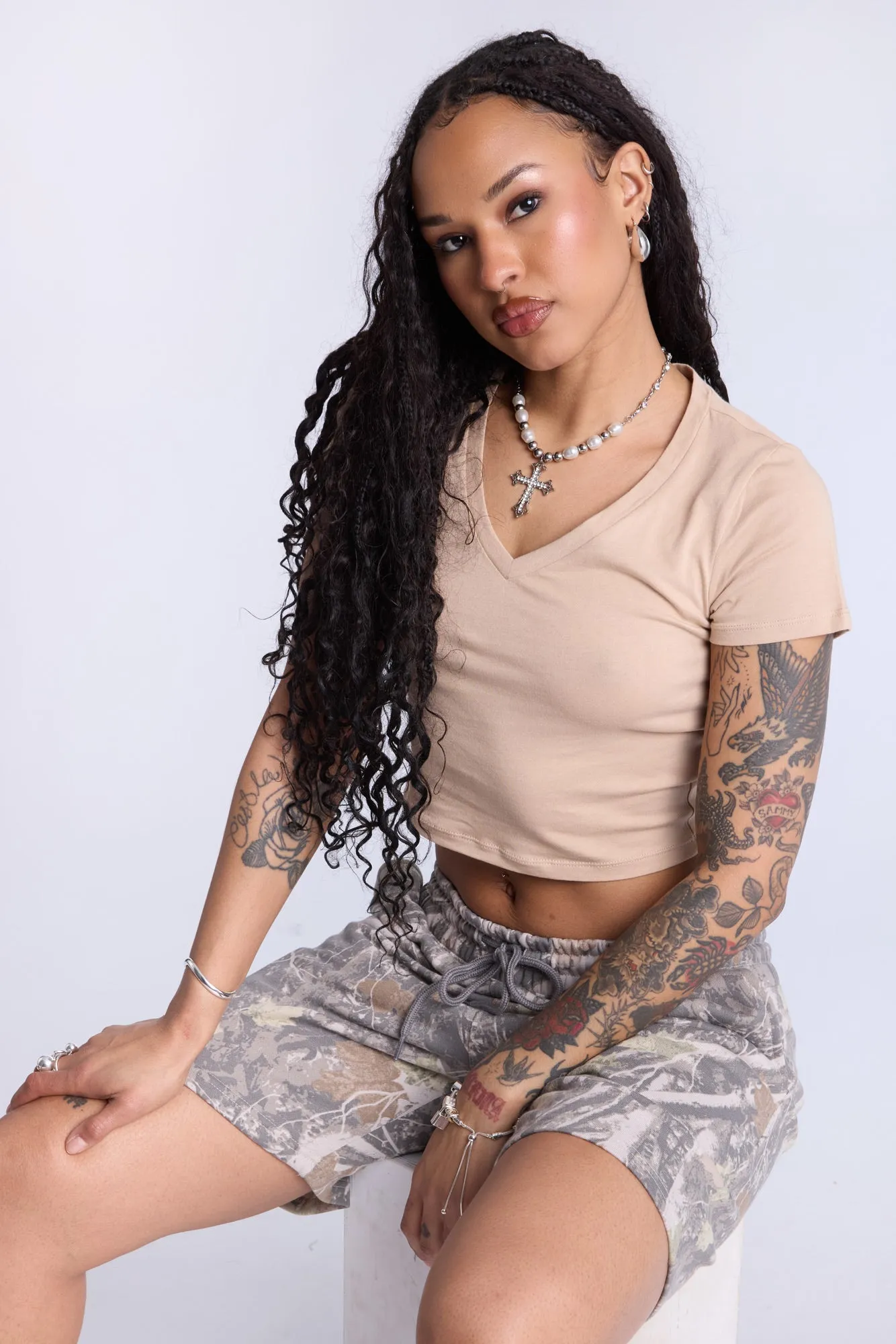 Cropped V-Neck Tee