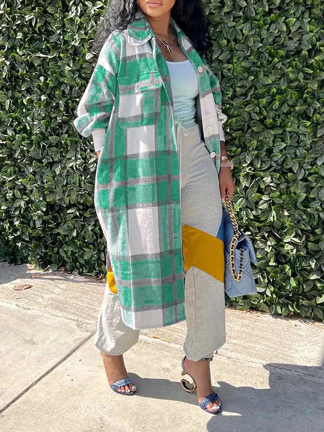 Oversize Long Sleeve Buton Down Plaid Shacket Outerwear