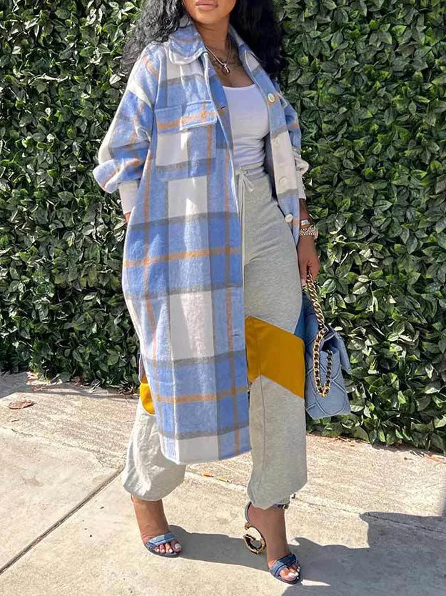Oversize Long Sleeve Buton Down Plaid Shacket Outerwear